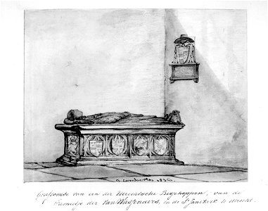 HUA-31129-Interieur van de Janskerk te Utrecht afbeelding van de graftombe van de proost Dirck van Wassenaer uit het zuidoosten
