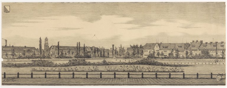 HUA-28174-Gezicht op de huizen aan de noordzijde van de Ingen Houszstraat te Utrecht met de daarvoor gelegen speelweiden en rechts de huizen aan de Willem Arnts