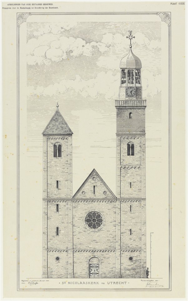 HUA-214609-Opstand van de voorgevel west van de Nicolaikerk te Utrecht gerestaureerd volgens het restauratieplan van FJ Nieuwenhuis directeur Gemeentewerken Utre