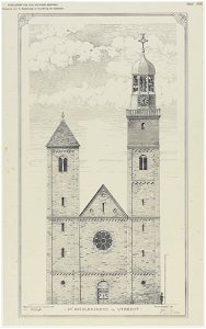 HUA-214609-Opstand van de voorgevel west van de Nicolaikerk te Utrecht gerestaureerd volgens het restauratieplan van FJ Nieuwenhuis directeur Gemeentewerken Utre