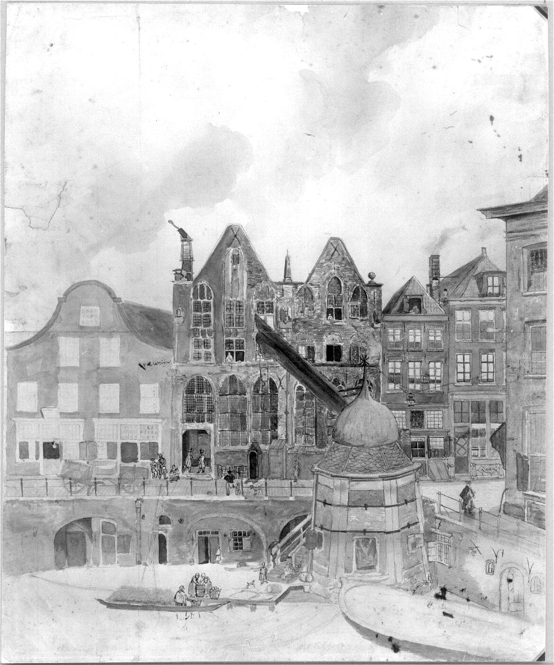 HUA-31564-Gezicht op de Oudegracht te Utrecht bij de Stadhuisbrug met de voorgevels van de huizen aan de noordzijde van de gracht en de Ganzenmarkt met links he