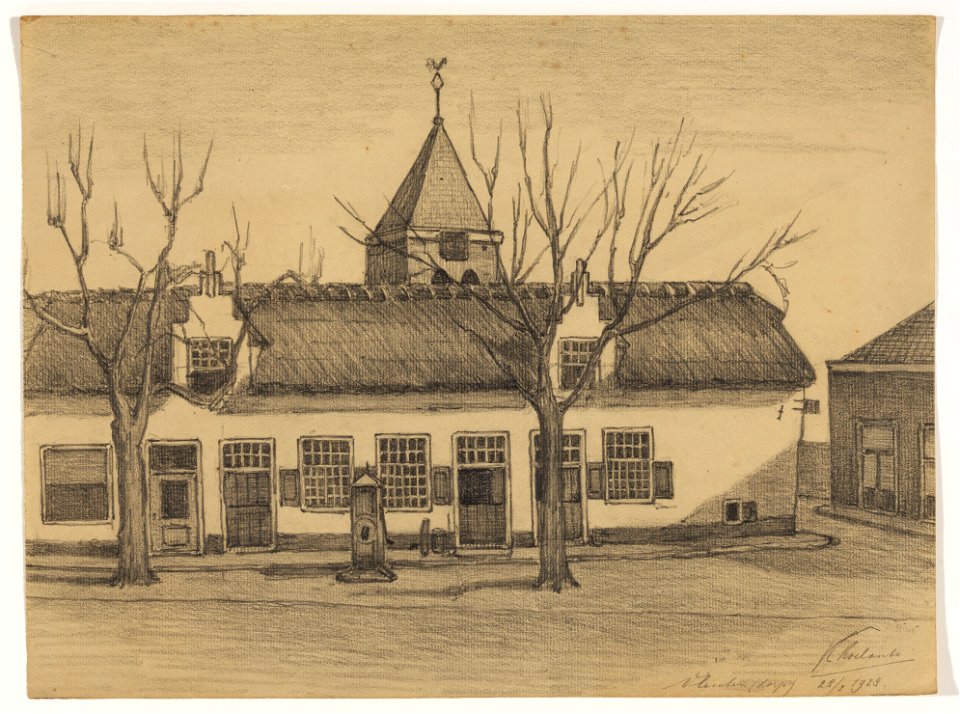 HUA-206596-Gezicht op de voorgevels van de Broederschapshuisjes Dorpsstraat 1 5 te Vleuten met op de achtergrond de torenspits van de Nederlands Hervormde kerkNB