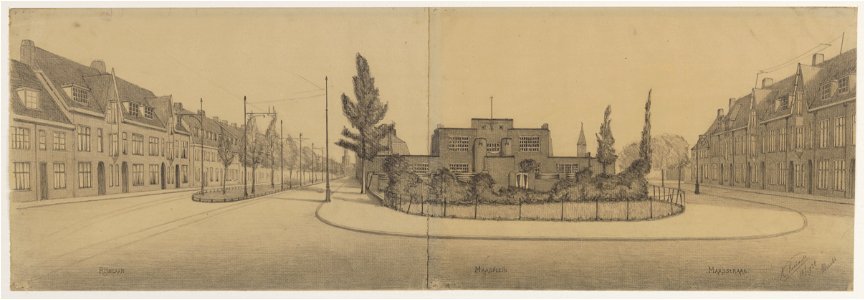 HUA-28212-Gezicht op het Maasplein te Utrecht uit het zuiden met de Maaspleinschool Maasplein 1 en met links de Rijnlaan en rechts de Maasstraat