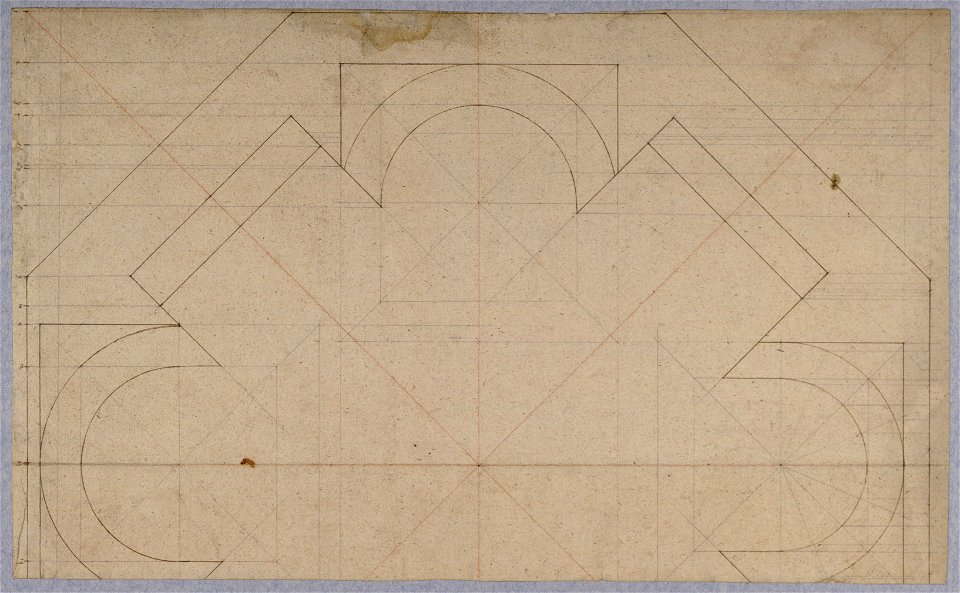 HUA-28611-Constructietekening van de helft van de plattegrond van een gelede pijler van de Mariakerk te Utrecht