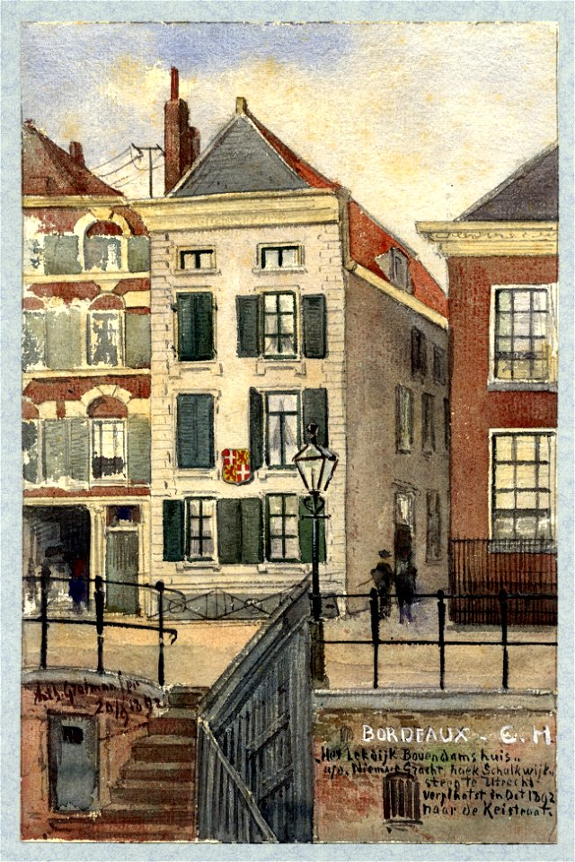 HUA-30738-Gezicht over de Nieuwegracht te Utrecht op de voor en de zijgevel van het huis nr 62 op de hoek van de Schalkwijkstraat en gedeeltelijk de voorgevels 