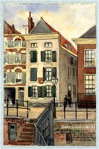 HUA-30738-Gezicht over de Nieuwegracht te Utrecht op de voor en de zijgevel van het huis nr 62 op de hoek van de Schalkwijkstraat en gedeeltelijk de voorgevels 