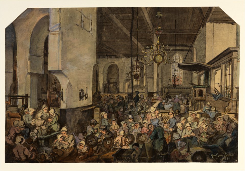 HUA-29093-Interieur van de Geertekerk te Utrecht ingericht als opvangcentrum voor watersnoodvluchtelingen uit Veenendaal doorkijk vanuit het zuidertransept naar