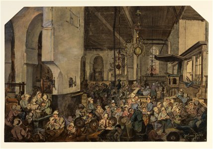 HUA-29093-Interieur van de Geertekerk te Utrecht ingericht als opvangcentrum voor watersnoodvluchtelingen uit Veenendaal doorkijk vanuit het zuidertransept naar