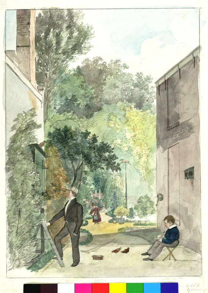 HUA-30330-Gezicht in de tuin van het huis Nieuwegracht A 898 te Utrecht met de bewoner HAF Gobius en twee van zijn kinderenNB Het adres Nieuwegracht A 898 is in
