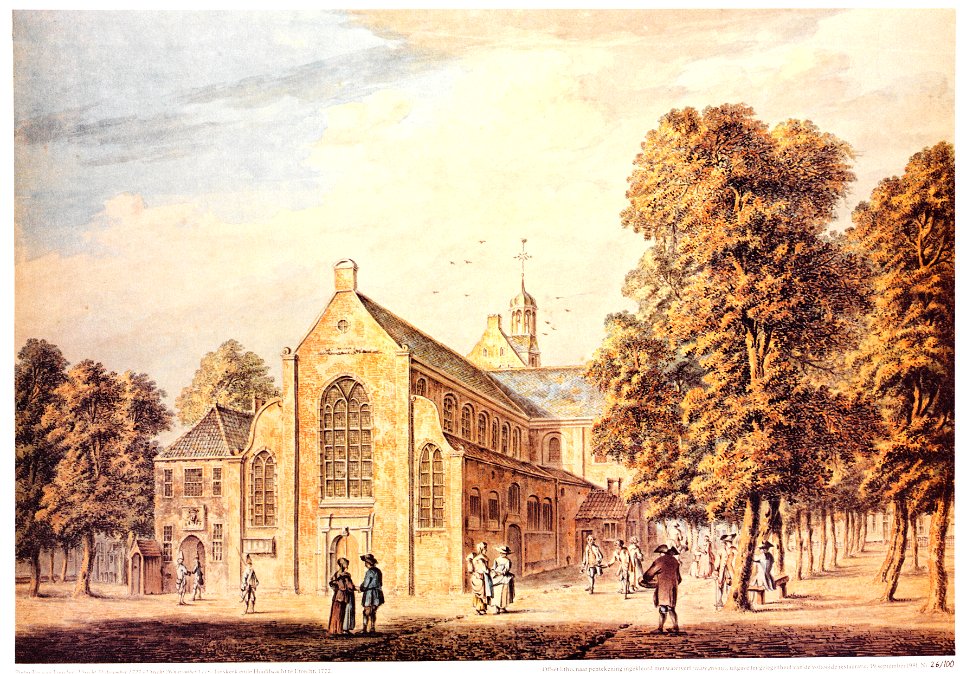 HUA-206622-Gezicht op de Janskerk op het Janskerkhof te Utrecht uit het zuidwesten met links van de kerk het gebouwtje van de Hoofdwacht