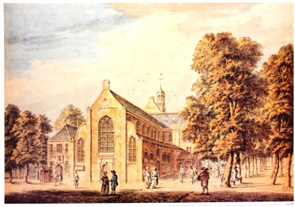 HUA-206622-Gezicht op de Janskerk op het Janskerkhof te Utrecht uit het zuidwesten met links van de kerk het gebouwtje van de Hoofdwacht