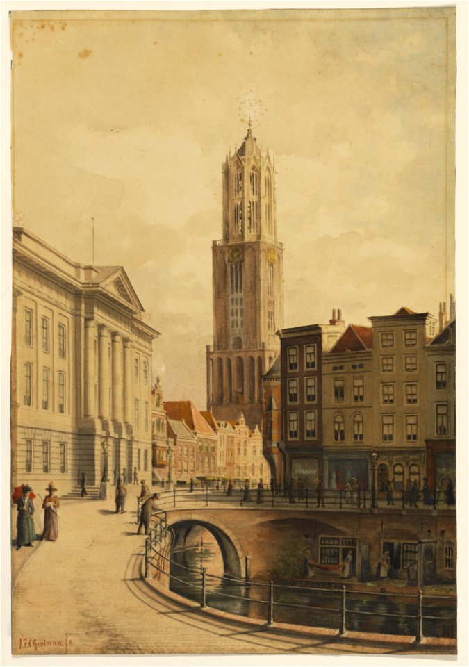 HUA-30546-Gezicht op de Stadhuisbrug te Utrecht uit het noordwesten met links het stadhuis rechts de voorgevels van enkele huizen aan de westzijde van de Oudegr
