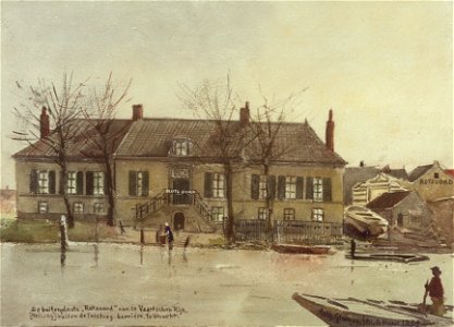 HUA-31677-Gezicht over de Vaartsche Rijn te Utrecht op de voorgevel van het huis Rotsoord met rechts de gelijknamige werf