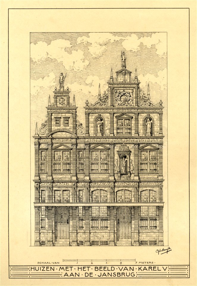HUA-206807-Afbeelding van de gereconstrueerde voorgevel van het huis De Keyser aan de Oudegracht te UtrechtNB Het huis De Keyser heeft sinds 1917 het adres Oudeg