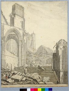 HUA-28627-Gezicht op de ruïne van het schip van de Domkerk te Utrecht uit het noordwesten op de voorgrond de overblijfselen van drie kapellen ten westen van het
