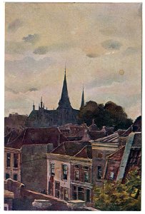 HUA-26192-Gezicht vanaf een hoog standpunt de fabriek van Begeer aan de Strosteeg in de richting van de Mariaplaats te Utrecht met op de achtergrond de contoure