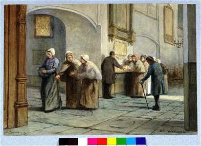 HUA-31160-Interieur van de Buurkerk te Utrecht de noordelijke zijbeuk tijdens de uitdeling van brood aan de armen vanaf de klaptafel van het St Eloyengasthuis