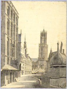 HUA-28593-Gezicht op de Stadhuisbrug te Utrecht met links het huis Keyserrijk in het midden het stadhuis Groot Lichtenberg en Hasenberg met klokkentoren rechts 
