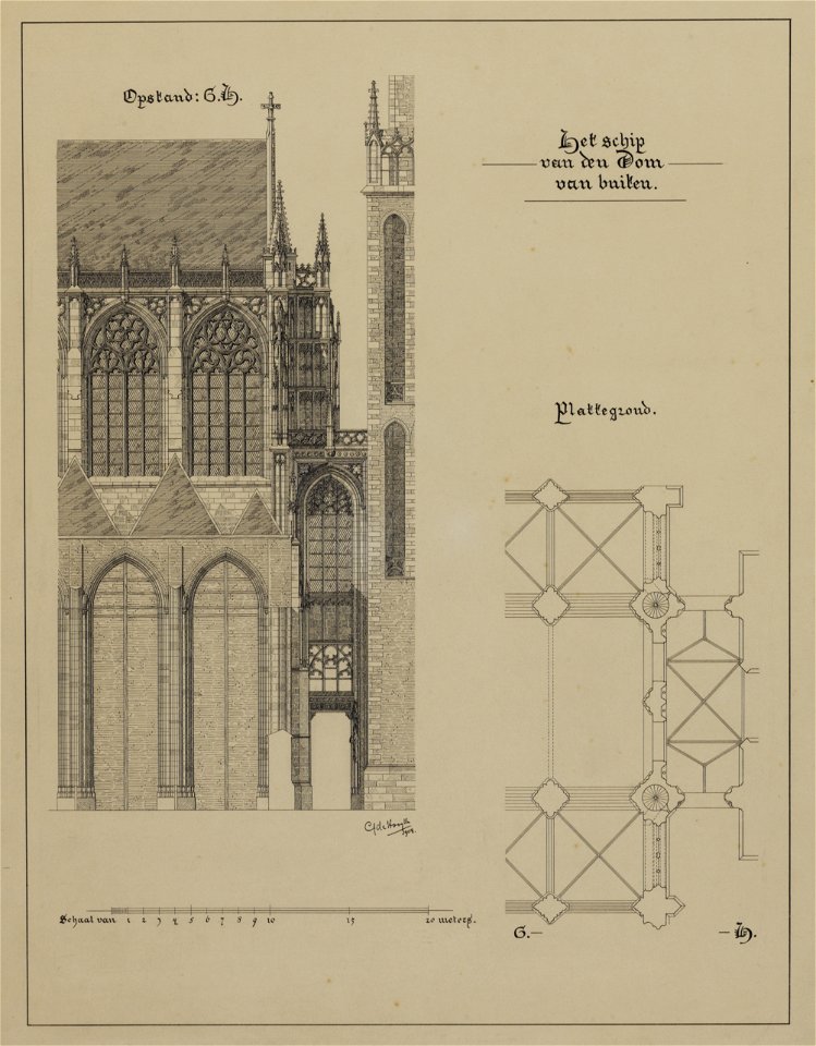 HUA-216357-Afbeelding van de Domkerk te Utrecht met weergave van het in 1674 ingestorte gedeelte plattegrond met opstand doorsnede van de verbinding tussen de ke