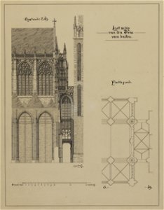 HUA-216357-Afbeelding van de Domkerk te Utrecht met weergave van het in 1674 ingestorte gedeelte plattegrond met opstand doorsnede van de verbinding tussen de ke
