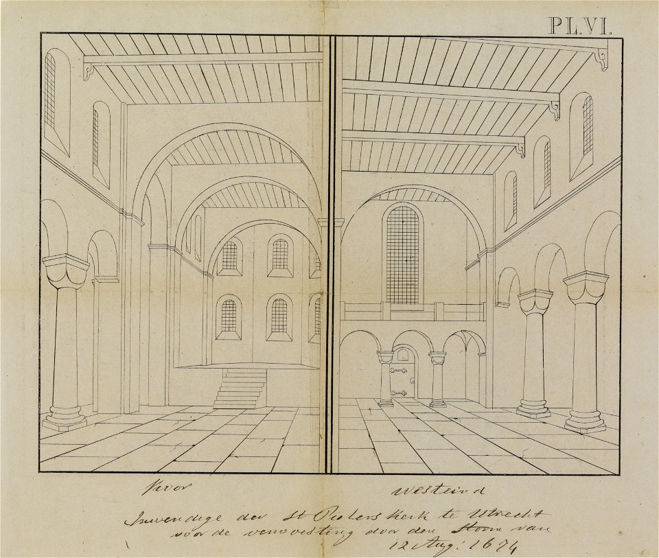 HUA-214536-Interieur van de St Pieterskerk te Utrecht het schip uit het westen links en uit het oosten rechts NB Twee afbeeldingen op een blad de afbeeldingen zi