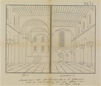 HUA-214536-Interieur van de St Pieterskerk te Utrecht het schip uit het westen links en uit het oosten rechts NB Twee afbeeldingen op een blad de afbeeldingen zi