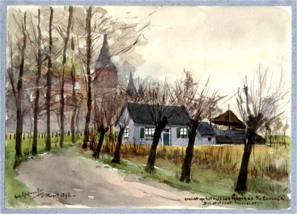 HUA-31678-Gezicht op een boerderij aan de Ezelsdijk te Utrecht met op de achtergrond de contouren van het Ooglijdersgasthuis