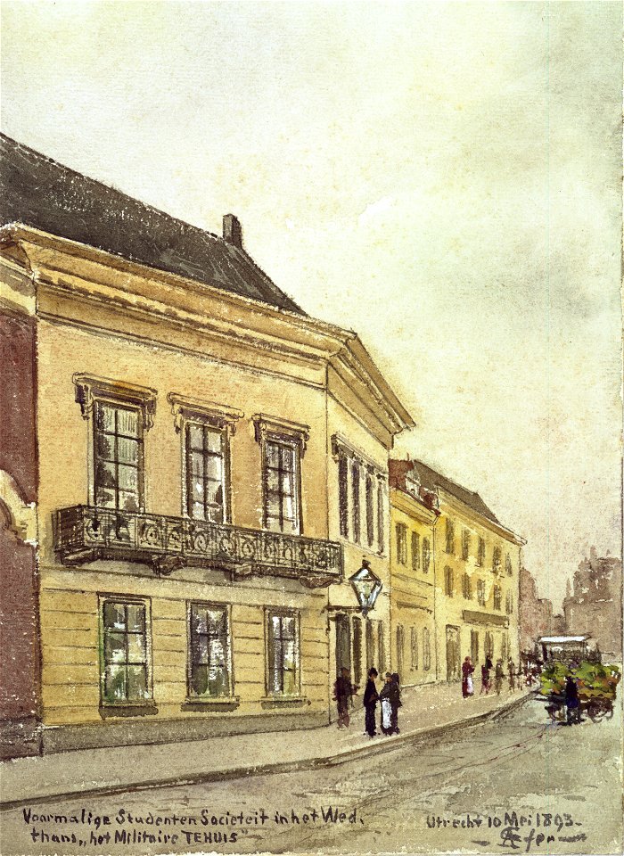 HUA-31712-Gezicht op de voorgevel van het Huis voor Militairen de voormalige studentensociëteit PHRM Wed 3A te Utrecht met de aangrenzende huizen uit het noordo