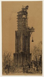 HUA-28685-Gezicht op de Domtoren te Utrecht uit het zuidwesten tijdens de restauratie van de lantaarn uit het zuidwesten