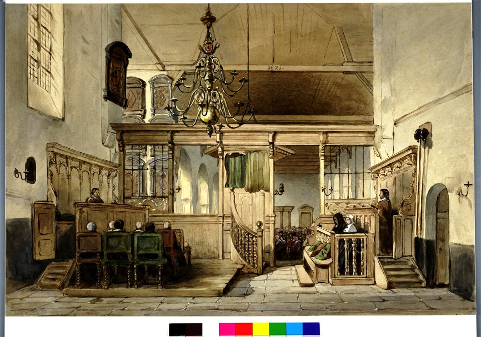 HUA-31231-Interieur van de Geertekerk te Utrecht doorkijk vanuit het koor door het koorhek in het schip tijdens een kerkdienst uit het oosten