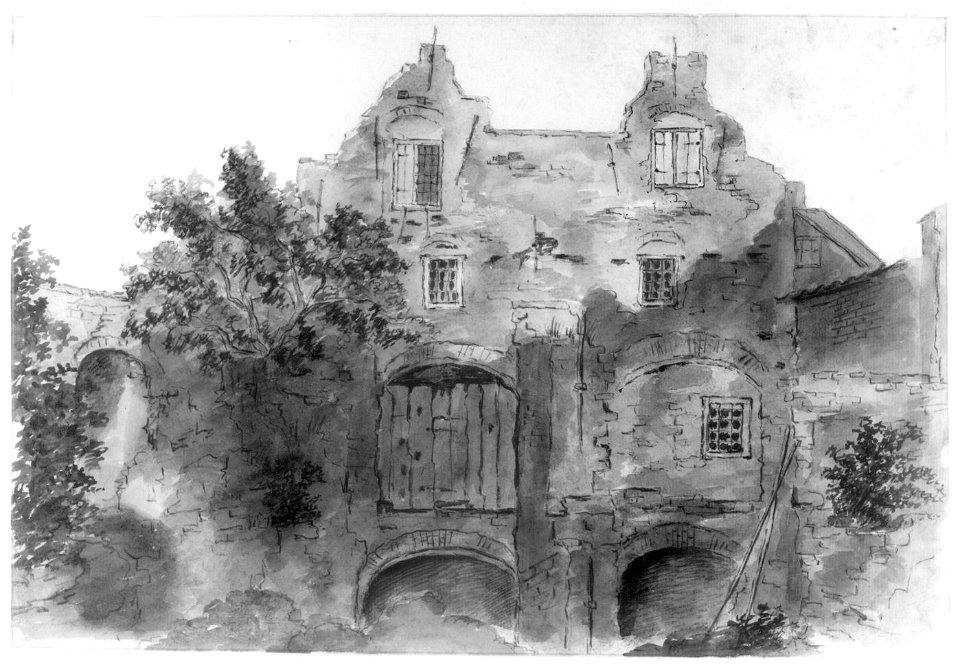 HUA-31593-Gezicht op de gevel van het dubbele woonhuis boven de oostelijke geschutskelders van het bastion Sterrenburg te Utrecht vanaf de binnenplaats met link