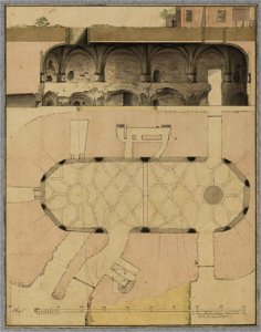 HUA-214377-Plattegrond en doorsnede opstand van het zuidwestelijke bastion van het kasteel Vredenburg te Utrecht 