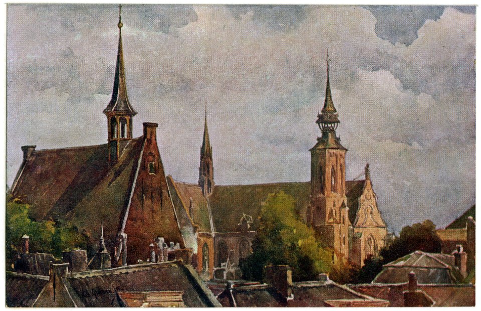 HUA-26193-Gezicht uit het westen op de Lutherse kerk Hamburgerstraat en de St Catharinakerk Lange Nieuwstraat te Utrecht vanaf de fabriek van Begeer aan de Stro
