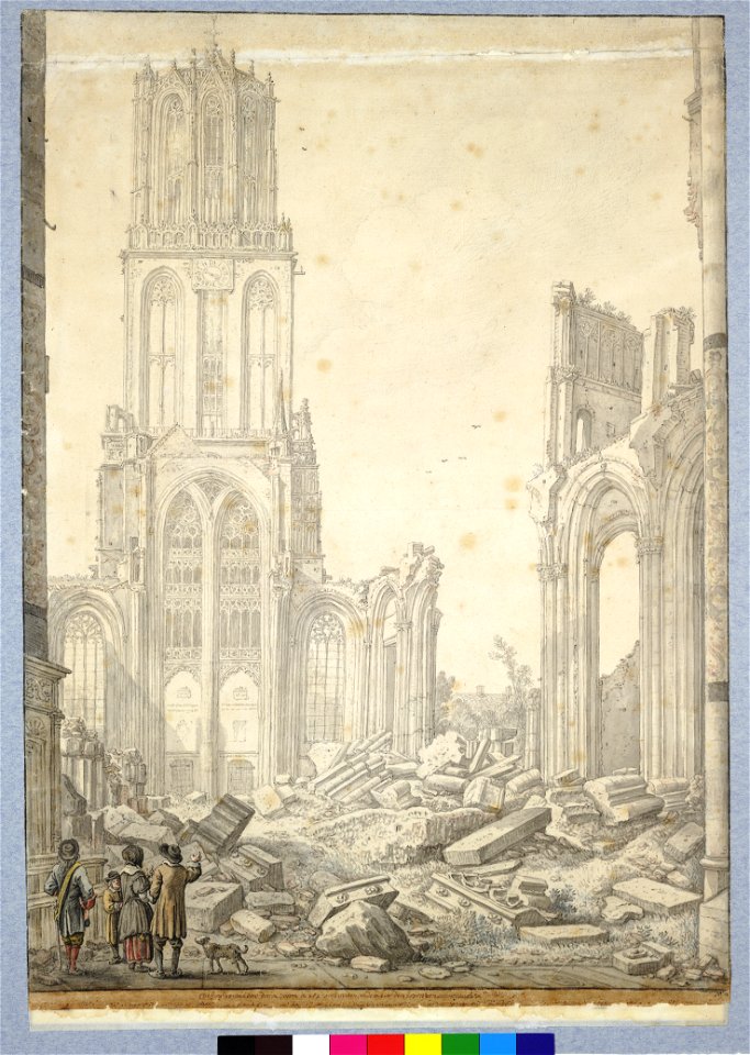 HUA-28635-Gezicht op de ruïne van het schip van de Domkerk te Utrecht uit het oosten het schip met op de achtergrond de westgevel en de Domtoren