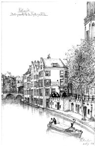 HUA-30435-Gezicht op de Oudegracht te Utrecht uit het zuiden vanaf de Gaardbrug met links de achterzijden van de huizen aan de Donkere Gaard en op de achtergron