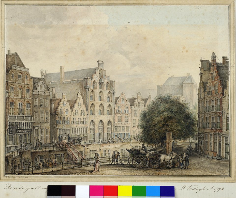 HUA-31617-Gezicht op de Oudegracht te Utrecht vanuit een raam van een huis bij de Bakkerbrug uit het zuidoosten met de huizen aan de westzijde van de gracht lin