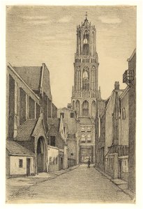 HUA-30069-Gezicht op het Buurkerkhof te Utrecht uit het westen met links een gedeelte van de Buurkerk en op de achtergrond de Domtoren