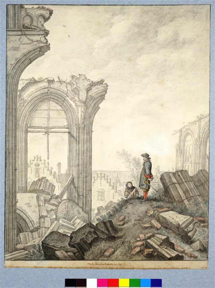 HUA-28639-Gezicht op de ruïne van het schip van de Domkerk te Utrecht uit het zuiden de laatste scheiboog aan de noordzijde van de middenbeuk boogrestanten van 