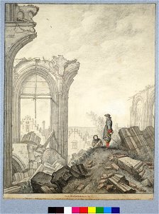HUA-28639-Gezicht op de ruïne van het schip van de Domkerk te Utrecht uit het zuiden de laatste scheiboog aan de noordzijde van de middenbeuk boogrestanten van 