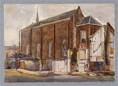 HUA-31666-Gezicht op de zuidgevel van de tot Lutherse kerk verbouwde kapel van het voormalige Abraham Doleklooster aan de Hamburgerstraat te Utrecht met rechts 