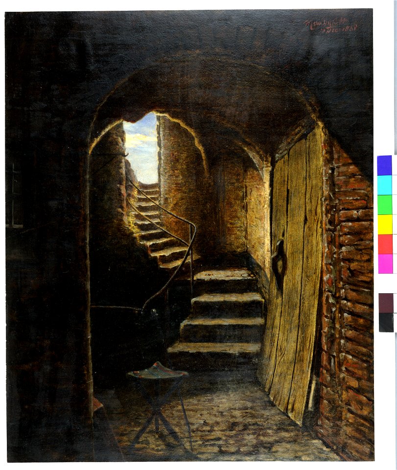 HUA-30949-Gezicht op een trap in het noordwestelijke bastion van kasteel Vredenburg te Utrecht De opening op de achtergrond is ontstaan bij sloopwerkzaamheden i