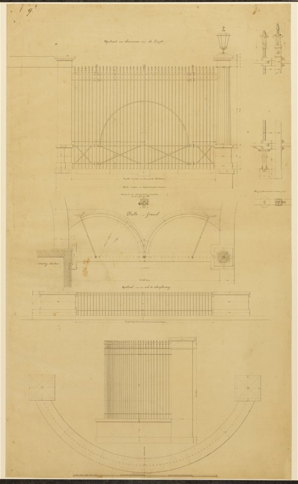 HUA-216165-Plattegrond en opstand met enkele details van het dubbele draaihek van de barrière op en de leuning van de Tolsteegbrug te Utrecht met opstand van het