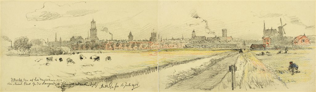 HUA-32281-Profiel van de stad Utrecht uit het noordoosten gezien vanaf de Langendijk Van links naar rechts de Domkerk en toren de toren van de Buurkerk de water