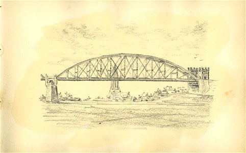 HUA-222064-Gezicht op de eerste boog van de spoorbrug over de Rijn bij Rhenen met op de achtergrond de CuneratorenNB Blad uit het Schetsboek No 5 van Th Scharten