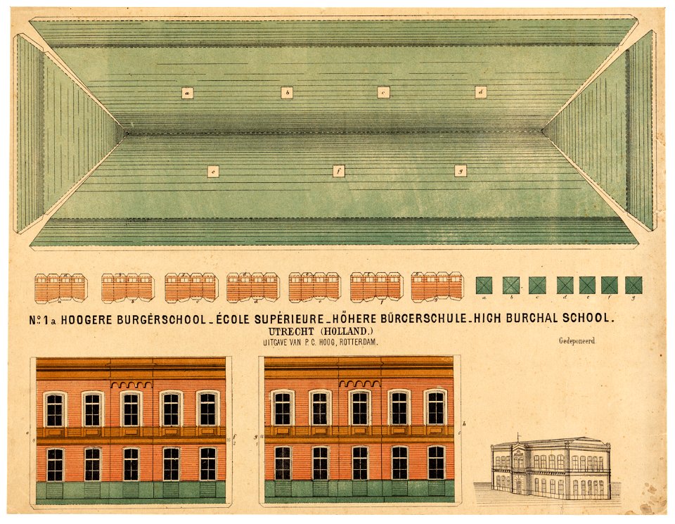 HUA-214722-Opstanden van de zijgevels en het dak van de Rijks Hoogere Burger School RHBS aan de Kruisstraat te Utrecht met een perspectieftekeningNB Deze bouwtek