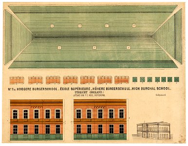 HUA-214722-Opstanden van de zijgevels en het dak van de Rijks Hoogere Burger School RHBS aan de Kruisstraat te Utrecht met een perspectieftekeningNB Deze bouwtek