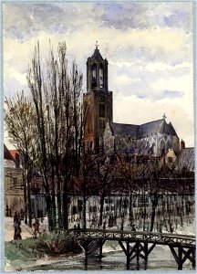 HUA-31026-Gezicht op de Domtoren en de Domkerk te Utrecht vanaf de Maliesingel uit het zuidoosten met op de voorgrond de Knuppelbrug Herenbrug en achter de bome