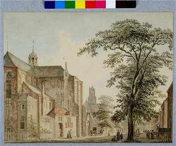 HUA-31106-Gezicht op de Pieterskerk aan het Pieterskerkhof te Utrecht met op de achtergrond de Domkerk en toren uit het noordoosten