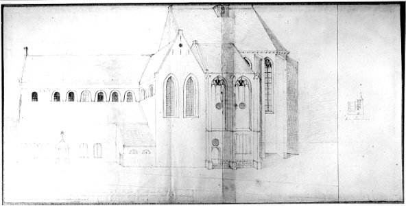 HUA-31122-Afbeelding van de Janskerk te Utrecht uit het zuiden gezien Met rechts een schetsje van de kerk met de zuidwestelijke toren en de pandhof aan de noord