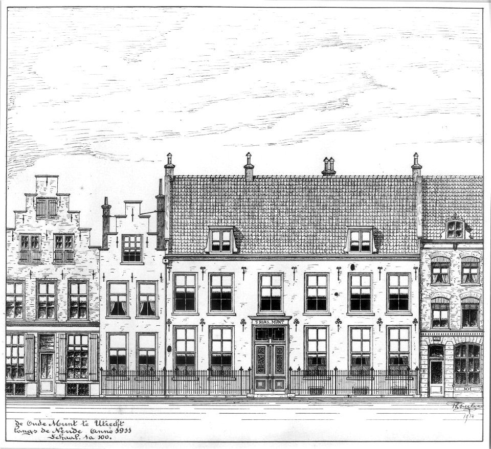 HUA-31289-Afbeelding van de gevel van de Rijksmunt aan de Neude te Utrecht met de naastgelegen gevels